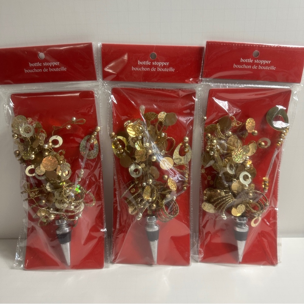 Pier 1 Wine Bottle Stopper Set of 3 Gold Sequin Hostess Party Gift New Years NYE